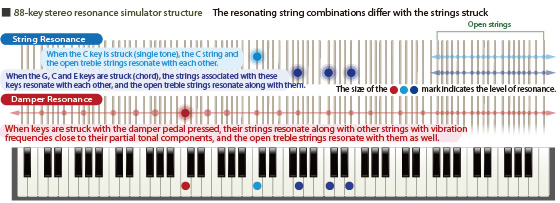 88 個立體聲琴鍵共鳴模擬器構造 琴弦共鳴組合有別於敲打琴弦發出的聲音